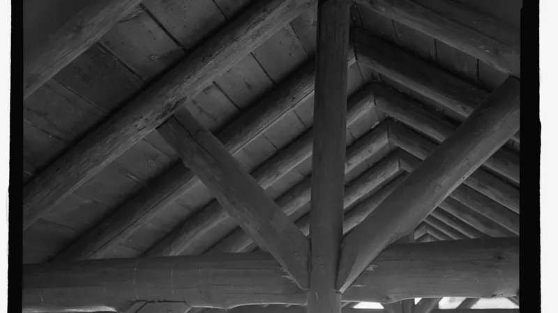 Black-and-white view of wood roof planks and truss bracing from below